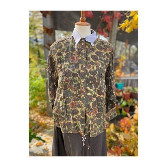 Dark Fall Floral Blouse Button Up 90s Lace Collar Sz M - Picture 11 of 11